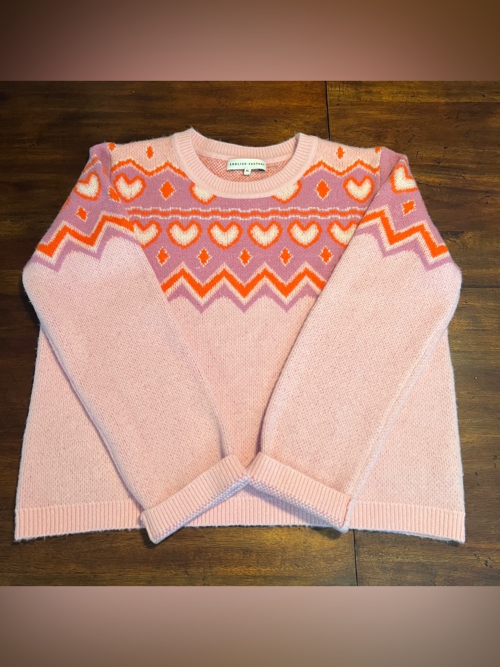 English Factory Pink Orange Heart Pattern Sweater XL